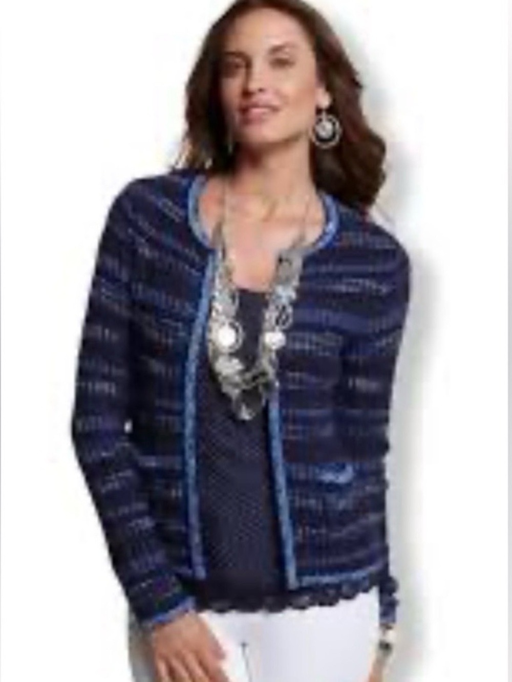 Chico's Tweedy Stripe Cassie Cardigan in Midnight Size 1 (Medium)